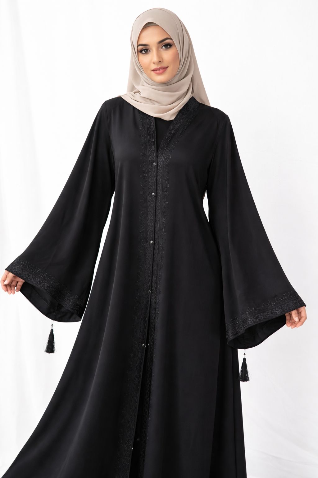 🌸 Nida Fabric Abaya – DMC Embroidery Work